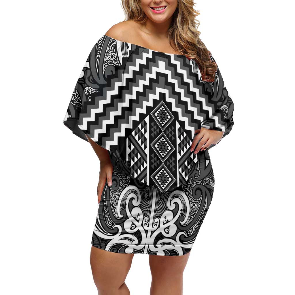 Maori Tukutuku Taniko Motifs Off Shoulder Short Dress Black Poutama Mix Kowhaiwhai LT7 Women Black - Polynesian Pride