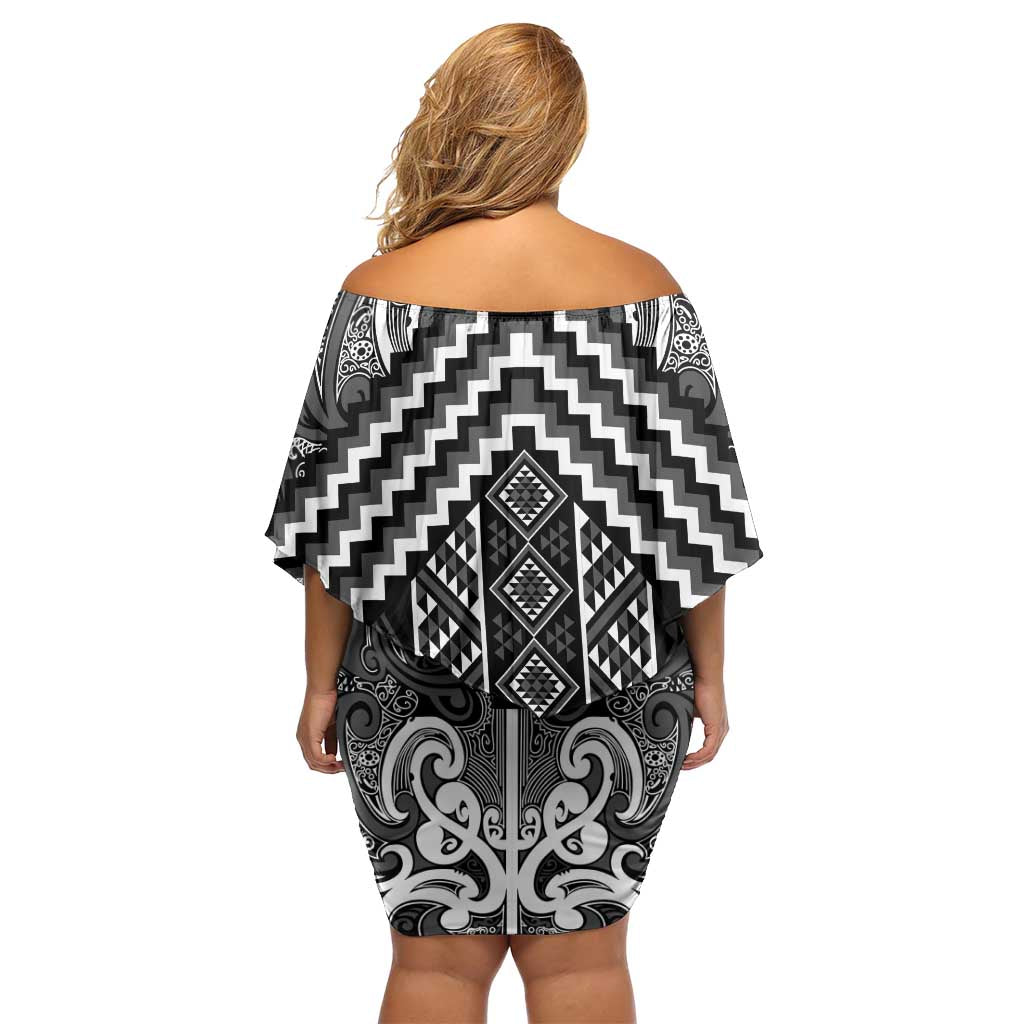 Maori Tukutuku Taniko Motifs Off Shoulder Short Dress Black Poutama Mix Kowhaiwhai LT7 - Polynesian Pride