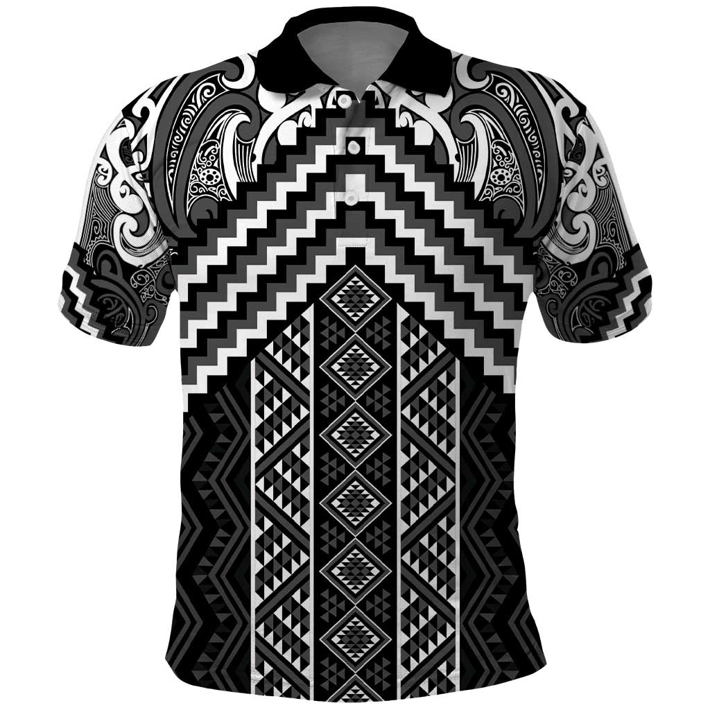 Maori Tukutuku Taniko Motifs Polo Shirt Black Poutama Mix Kowhaiwhai