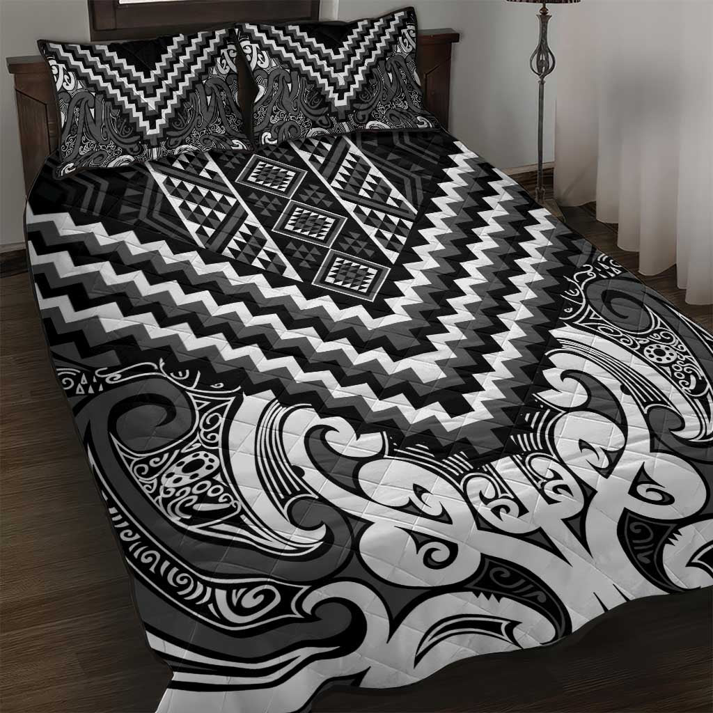 Maori Tukutuku Taniko Motifs Quilt Bed Set Black Poutama Mix Kowhaiwhai LT7 Black - Polynesian Pride
