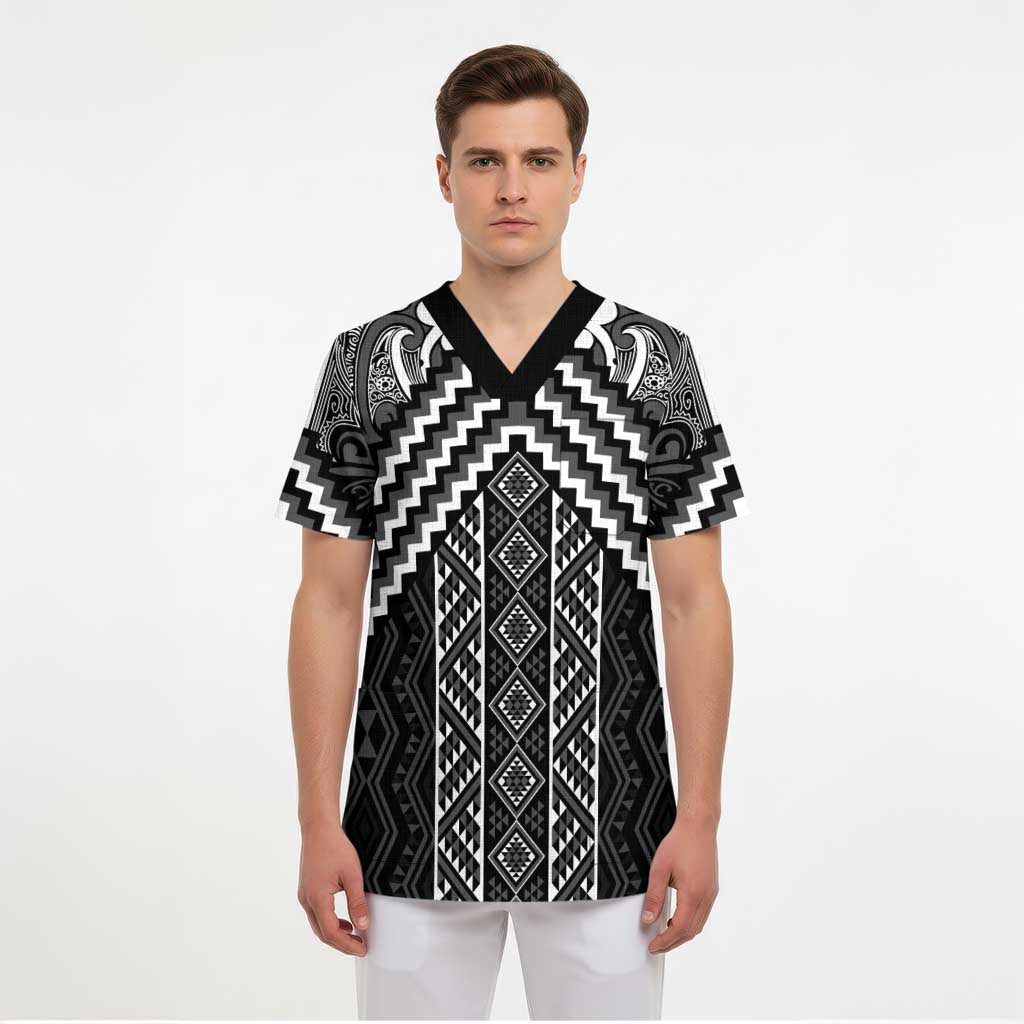 Maori Tukutuku Taniko Motifs Scrub Top Black Poutama Mix Kowhaiwhai LT7 - Polynesian Pride