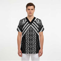 Maori Tukutuku Taniko Motifs Scrub Top Black Poutama Mix Kowhaiwhai LT7 - Polynesian Pride