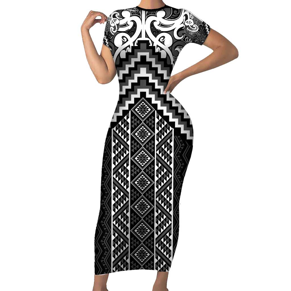 Maori Tukutuku Taniko Motifs Short Sleeve Bodycon Dress Black Poutama Mix Kowhaiwhai