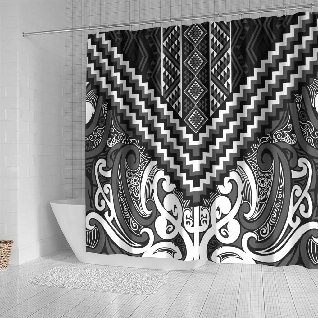 Maori Tukutuku Taniko Motifs Shower Curtain Black Poutama Mix Kowhaiwhai