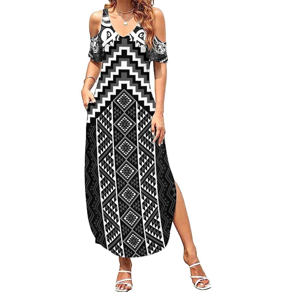Maori Tukutuku Taniko Motifs Summer Maxi Dress Black Poutama Mix Kowhaiwhai LT7 Women Black - Polynesian Pride