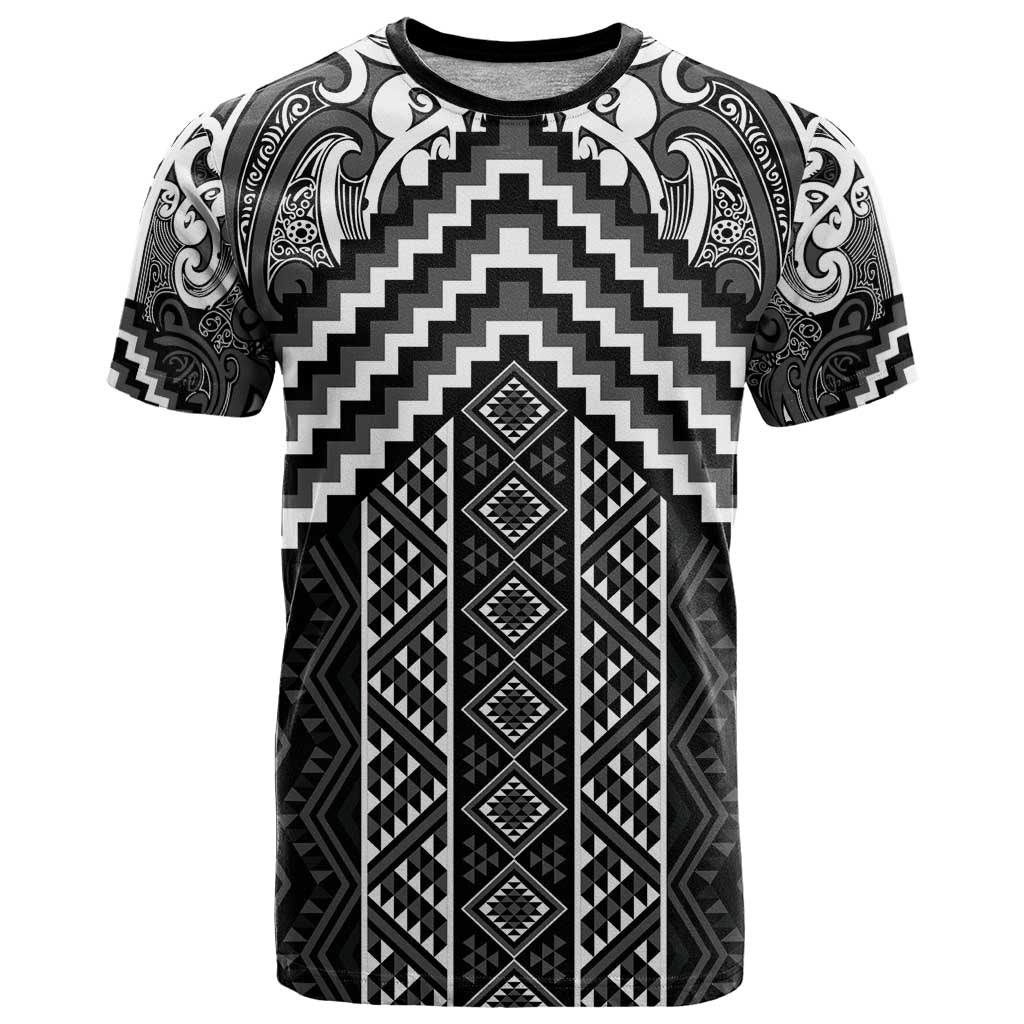 Maori Tukutuku Taniko Motifs T Shirt Black Poutama Mix Kowhaiwhai