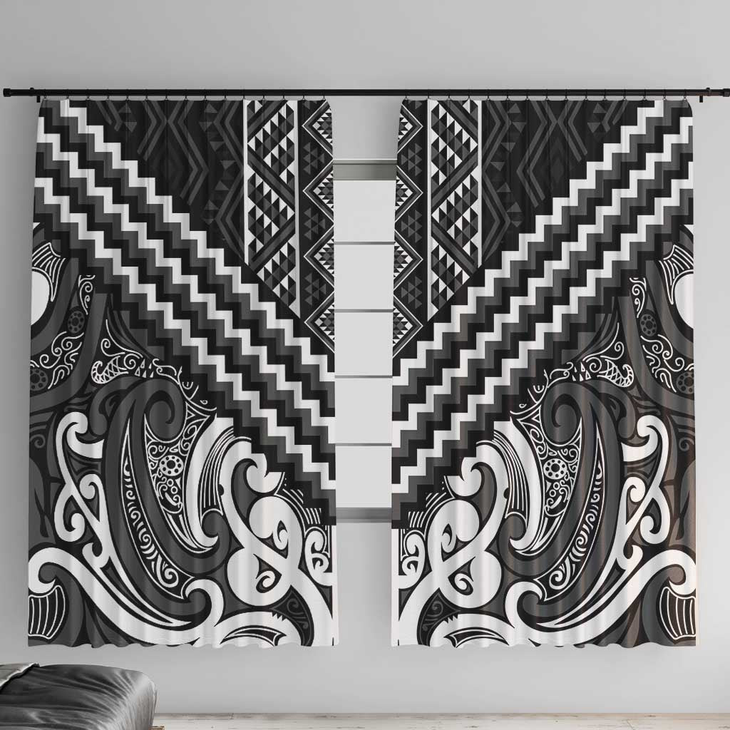 Maori Tukutuku Taniko Motifs Window Curtain Black Poutama Mix Kowhaiwhai LT7 With Hooks Black - Polynesian Pride