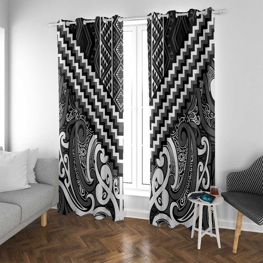 Maori Tukutuku Taniko Motifs Window Curtain Black Poutama Mix Kowhaiwhai LT7 With Grommets Black - Polynesian Pride