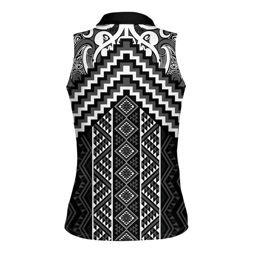 Maori Tukutuku Taniko Motifs Women Sleeveless Polo Shirt Black Poutama Mix Kowhaiwhai