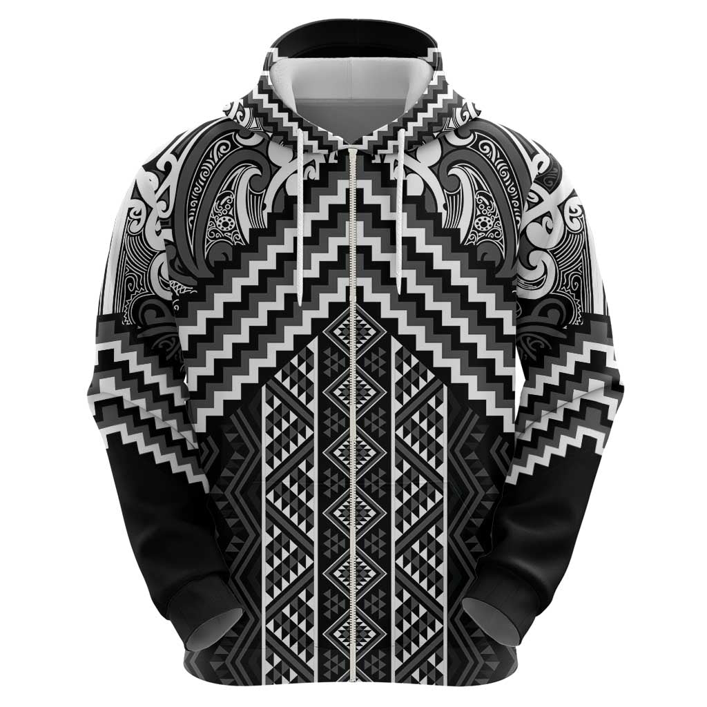 Maori Tukutuku Taniko Motifs Zip Hoodie Black Poutama Mix Kowhaiwhai