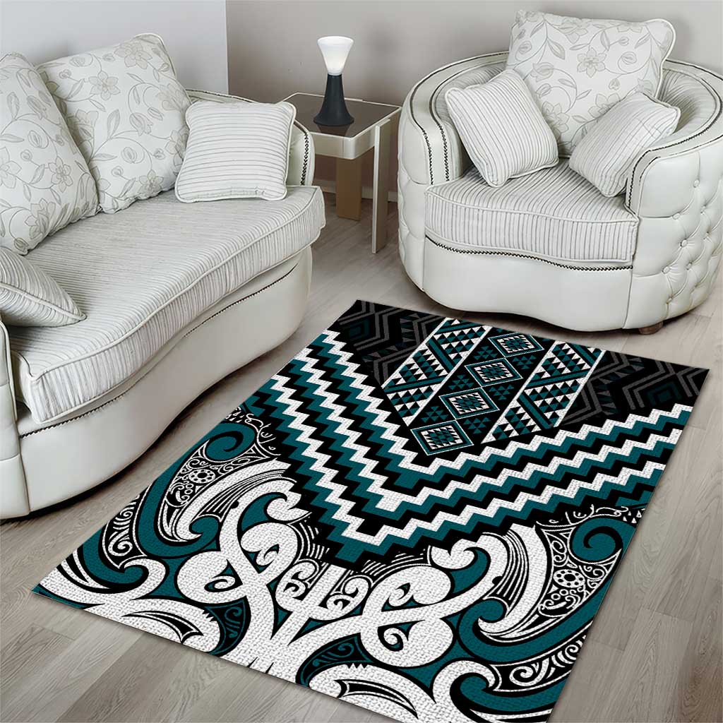 Maori Tukutuku Taniko Motifs Area Rug Teal Poutama Mix Kowhaiwhai
