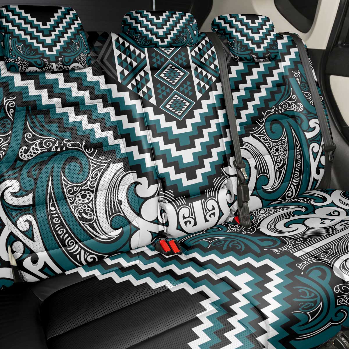Maori Tukutuku Taniko Motifs Back Car Seat Cover Teal Poutama Mix Kowhaiwhai