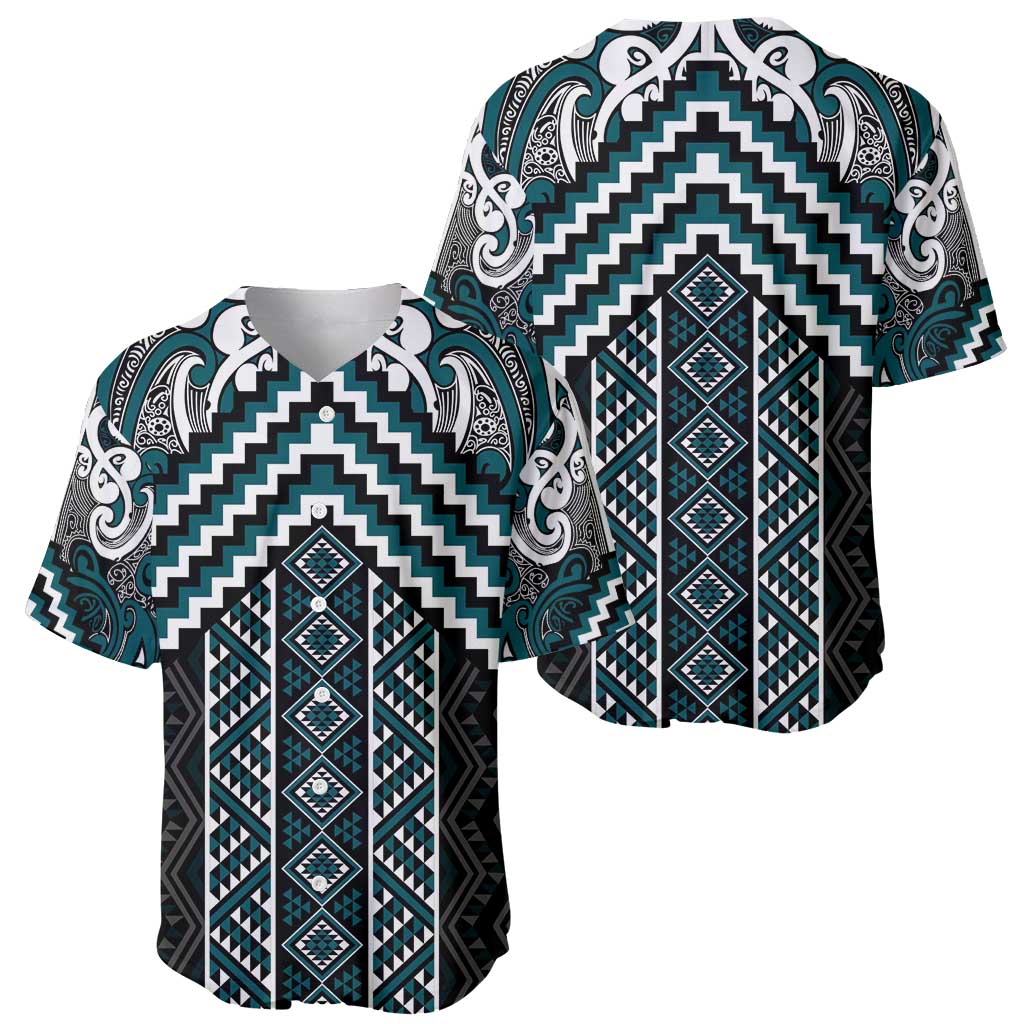 Maori Tukutuku Taniko Motifs Baseball Jersey Teal Poutama Mix Kowhaiwhai