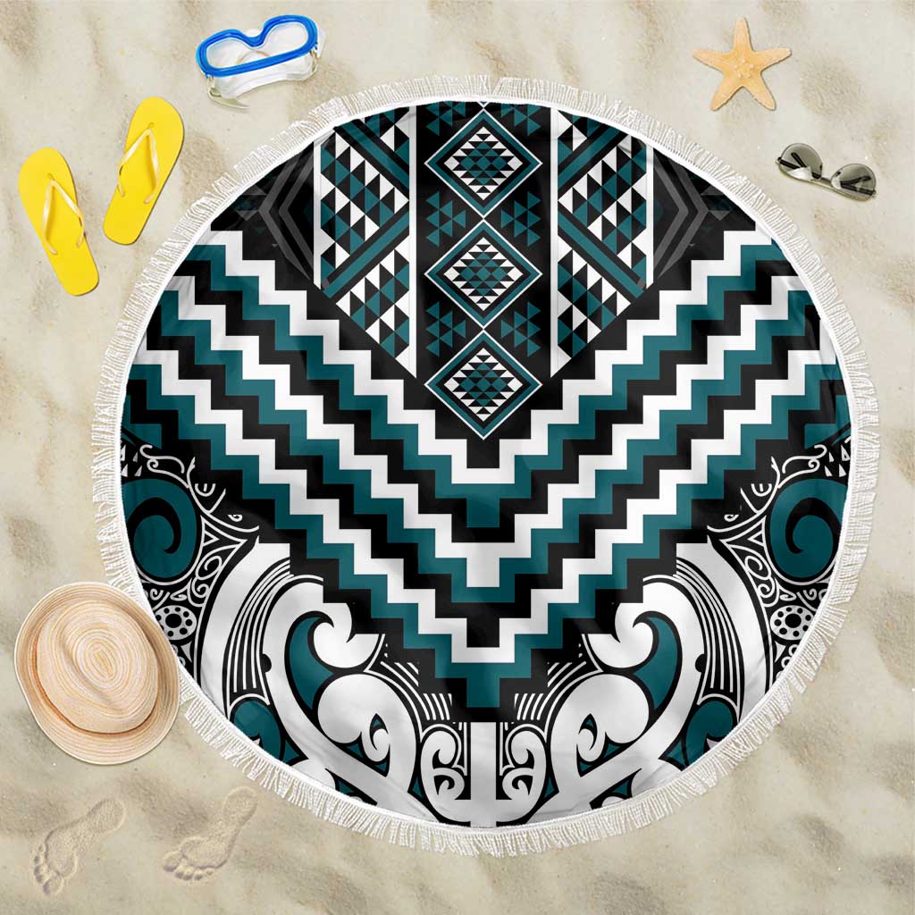 Maori Tukutuku Taniko Motifs Beach Blanket Teal Poutama Mix Kowhaiwhai LT7 One Size 150cm Teal - Polynesian Pride