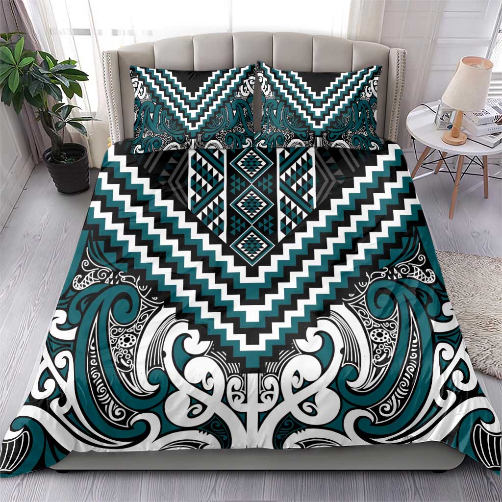 Maori Tukutuku Taniko Motifs Bedding Set Teal Poutama Mix Kowhaiwhai
