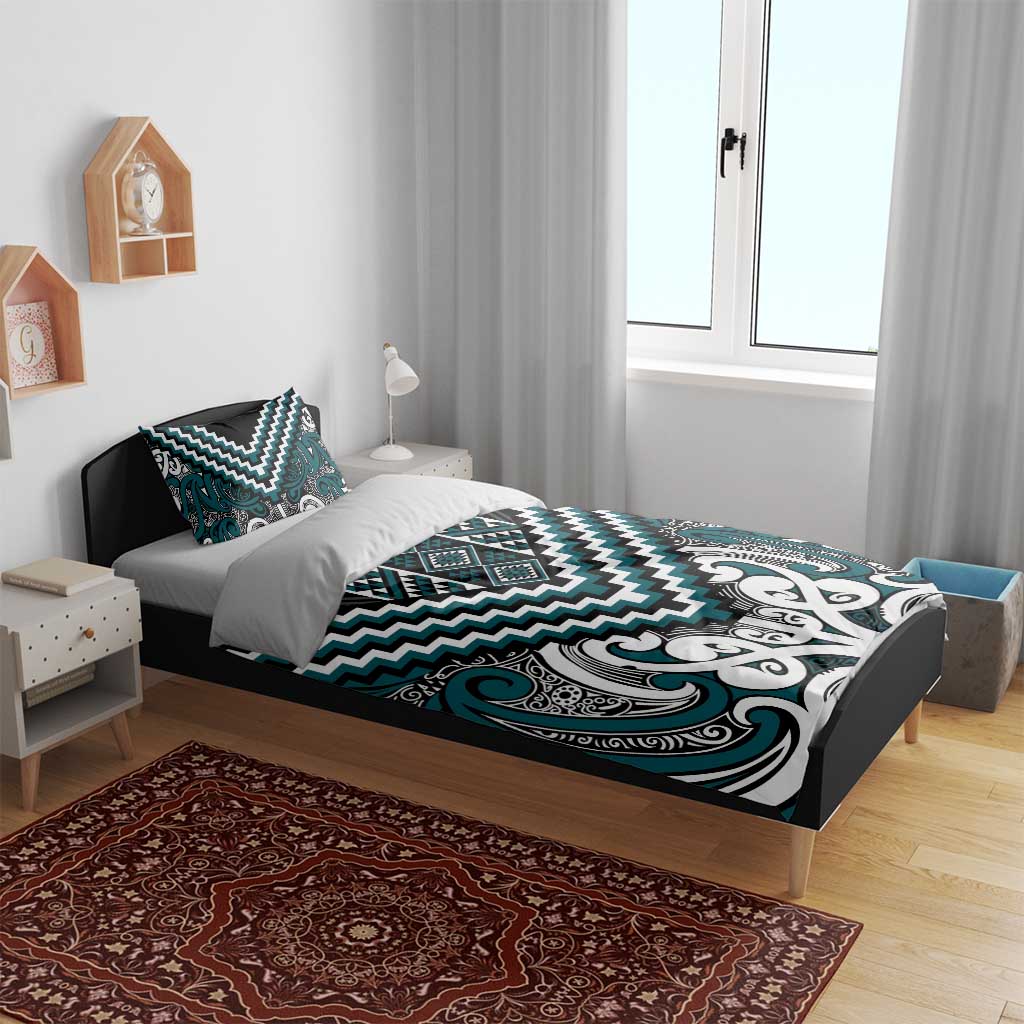 Maori Tukutuku Taniko Motifs Bedding Set Teal Poutama Mix Kowhaiwhai