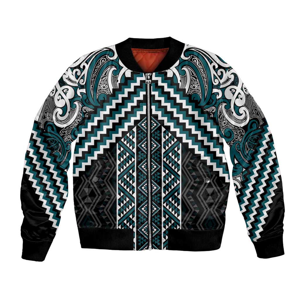 Maori Tukutuku Taniko Motifs Bomber Jacket Teal Poutama Mix Kowhaiwhai