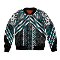 Maori Tukutuku Taniko Motifs Bomber Jacket Teal Poutama Mix Kowhaiwhai