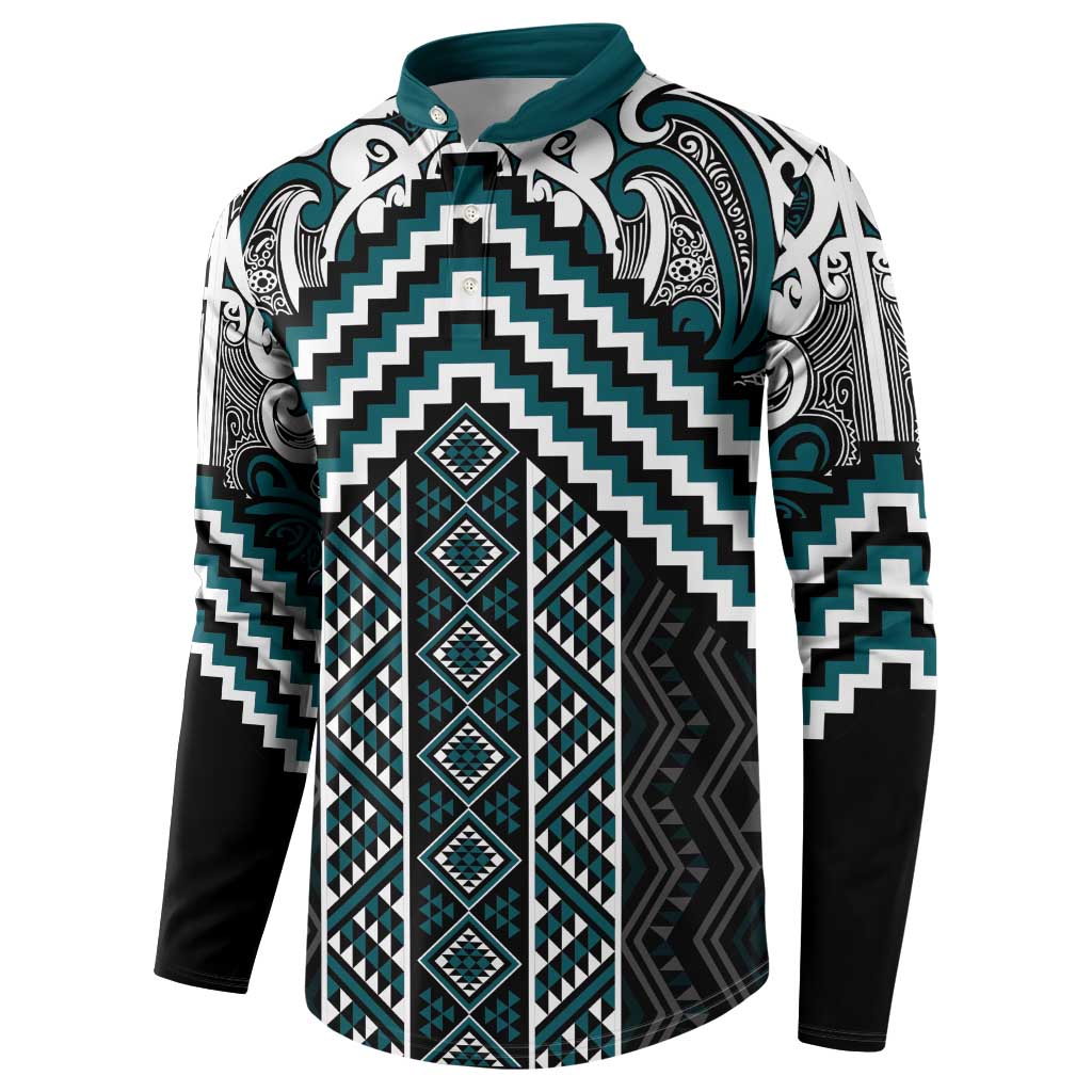 Maori Tukutuku Taniko Motifs Button Sweatshirt Teal Poutama Mix Kowhaiwhai LT7 - Polynesian Pride