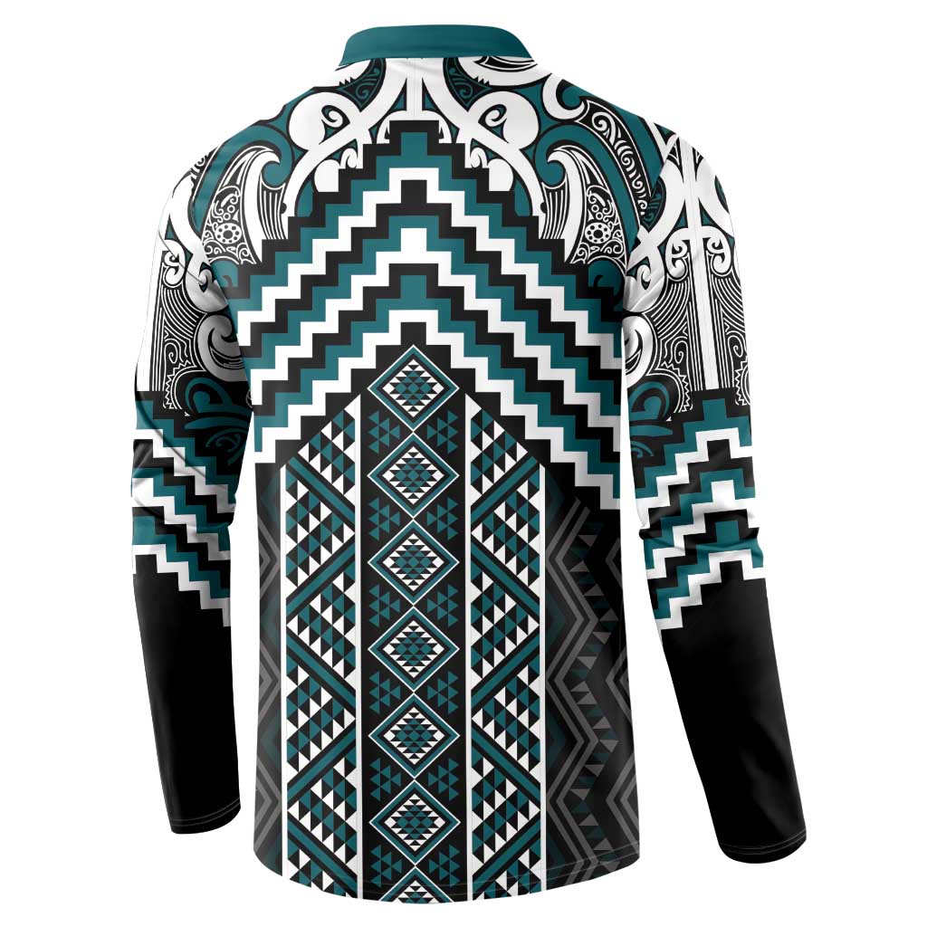 Maori Tukutuku Taniko Motifs Button Sweatshirt Teal Poutama Mix Kowhaiwhai LT7 - Polynesian Pride