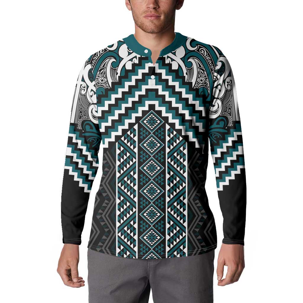 Maori Tukutuku Taniko Motifs Button Sweatshirt Teal Poutama Mix Kowhaiwhai LT7 - Polynesian Pride