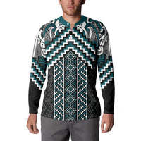 Maori Tukutuku Taniko Motifs Button Sweatshirt Teal Poutama Mix Kowhaiwhai LT7 - Polynesian Pride