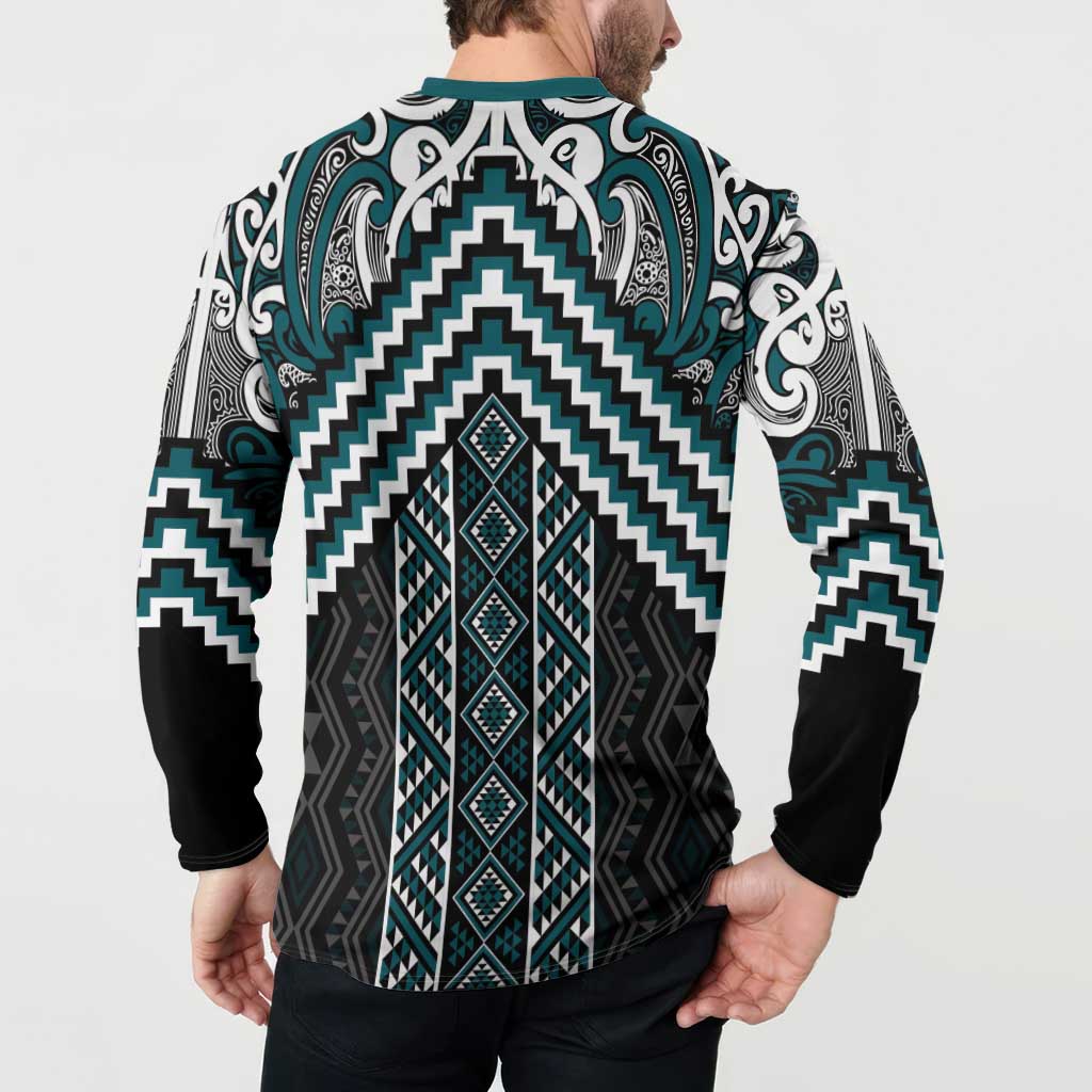 Maori Tukutuku Taniko Motifs Button Sweatshirt Teal Poutama Mix Kowhaiwhai LT7 - Polynesian Pride