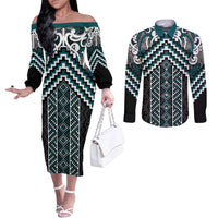 Maori Tukutuku Taniko Motifs Couples Matching Off The Shoulder Long Sleeve Dress and Long Sleeve Button Shirt Teal Poutama Mix Kowhaiwhai