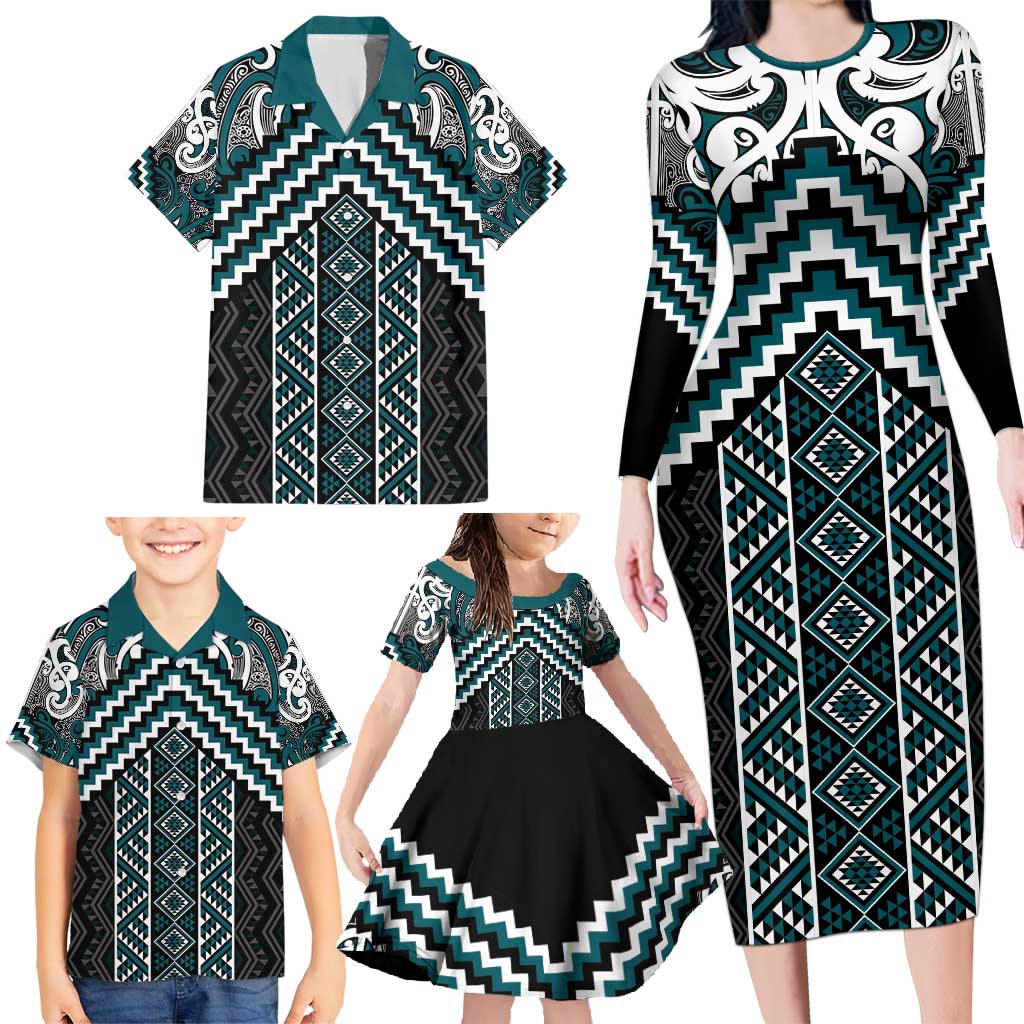 Maori Tukutuku Taniko Motifs Family Matching Long Sleeve Bodycon Dress and Hawaiian Shirt Teal Poutama Mix Kowhaiwhai