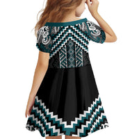 Maori Tukutuku Taniko Motifs Family Matching Mermaid Dress and Hawaiian Shirt Teal Poutama Mix Kowhaiwhai