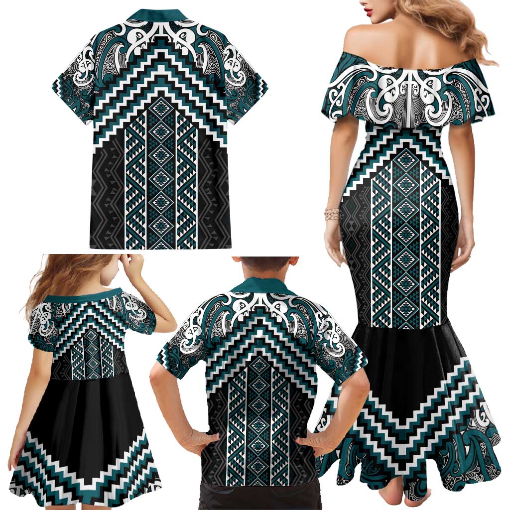 Maori Tukutuku Taniko Motifs Family Matching Mermaid Dress and Hawaiian Shirt Teal Poutama Mix Kowhaiwhai