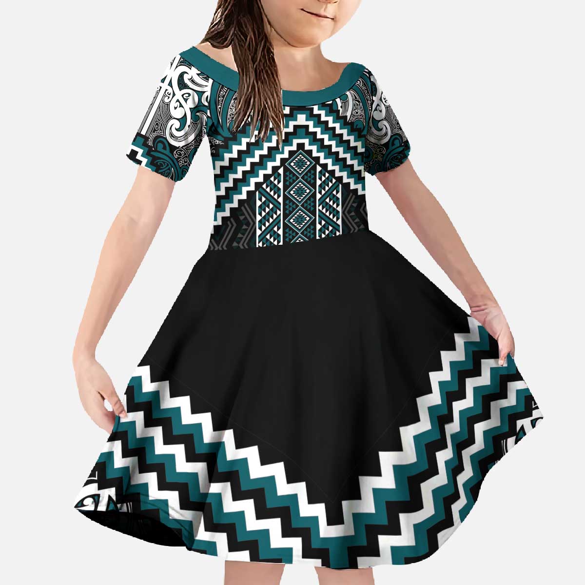 Maori Tukutuku Taniko Motifs Family Matching Off The Shoulder Long Sleeve Dress and Hawaiian Shirt Teal Poutama Mix Kowhaiwhai