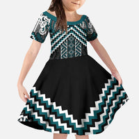Maori Tukutuku Taniko Motifs Family Matching Off The Shoulder Long Sleeve Dress and Hawaiian Shirt Teal Poutama Mix Kowhaiwhai