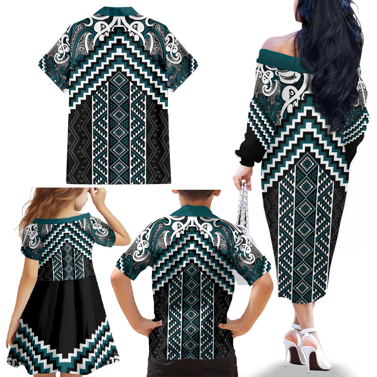 Maori Tukutuku Taniko Motifs Family Matching Off The Shoulder Long Sleeve Dress and Hawaiian Shirt Teal Poutama Mix Kowhaiwhai