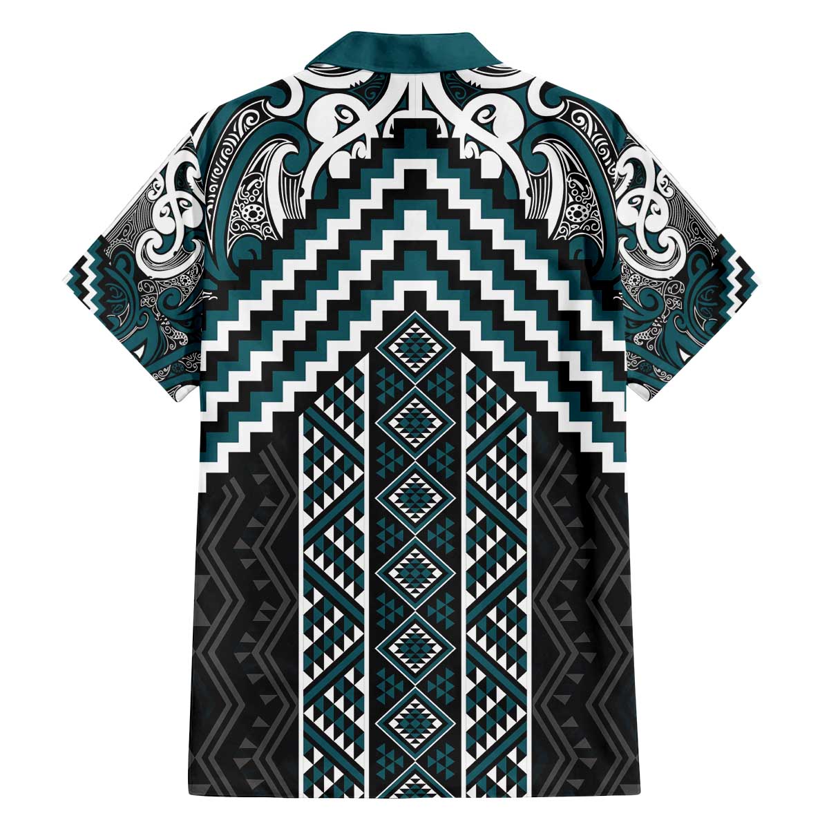 Maori Tukutuku Taniko Motifs Family Matching Off The Shoulder Long Sleeve Dress and Hawaiian Shirt Teal Poutama Mix Kowhaiwhai