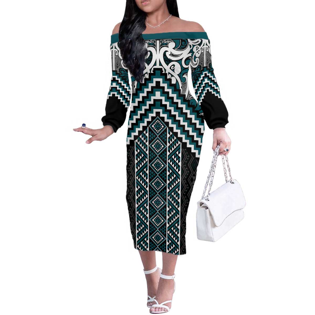 Maori Tukutuku Taniko Motifs Family Matching Off The Shoulder Long Sleeve Dress and Hawaiian Shirt Teal Poutama Mix Kowhaiwhai