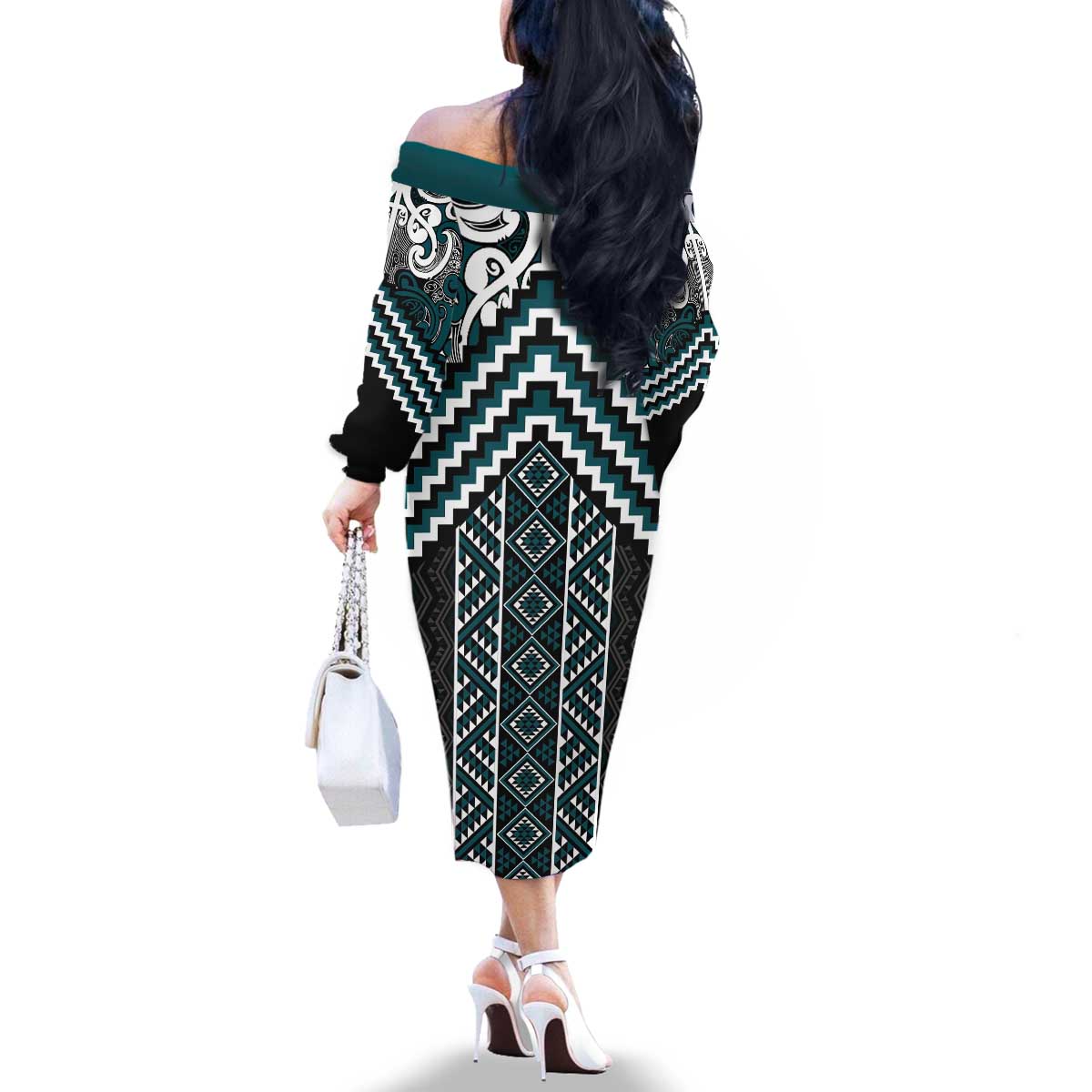Maori Tukutuku Taniko Motifs Family Matching Off The Shoulder Long Sleeve Dress and Hawaiian Shirt Teal Poutama Mix Kowhaiwhai