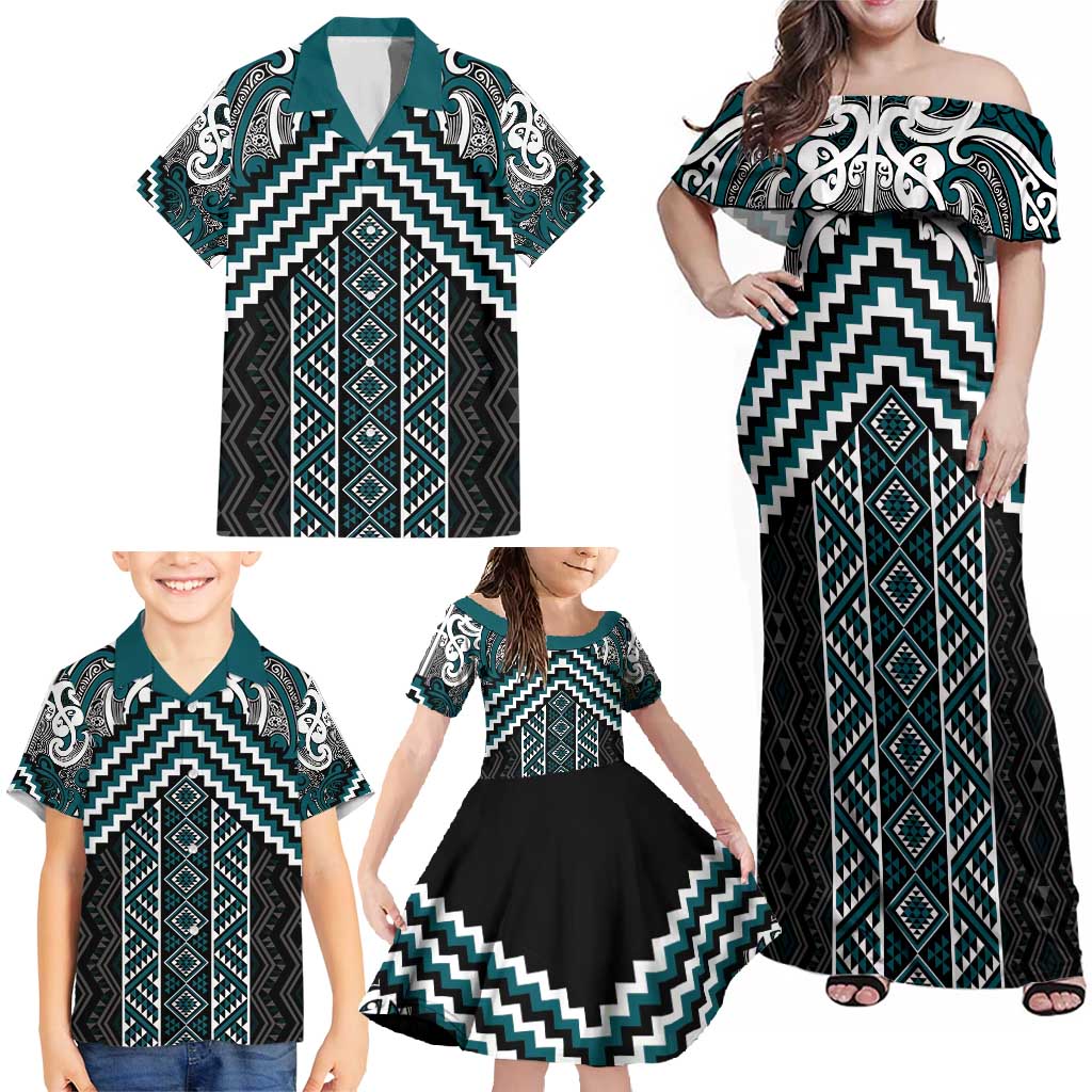 Maori Tukutuku Taniko Motifs Family Matching Off Shoulder Maxi Dress and Hawaiian Shirt Teal Poutama Mix Kowhaiwhai