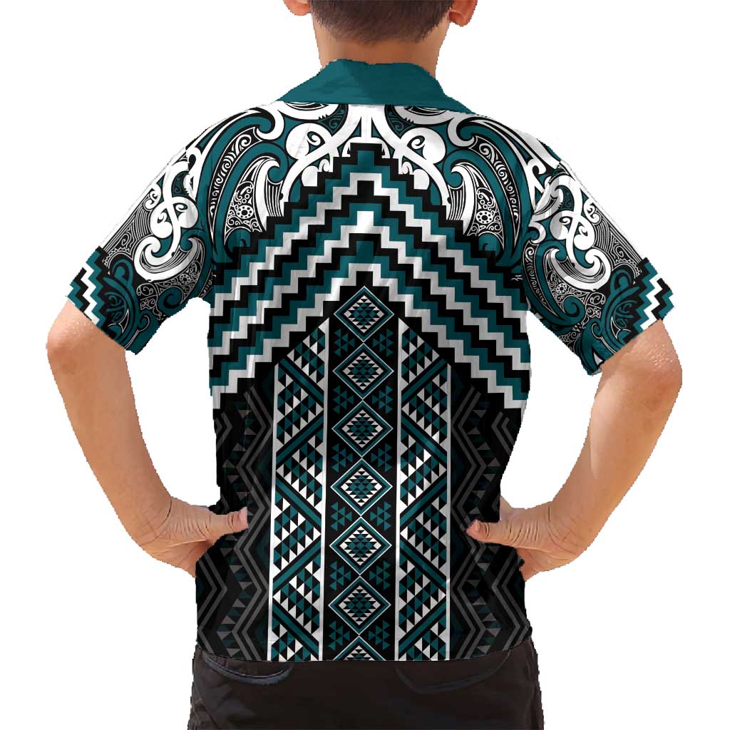 Maori Tukutuku Taniko Motifs Family Matching Off Shoulder Short Dress and Hawaiian Shirt Teal Poutama Mix Kowhaiwhai