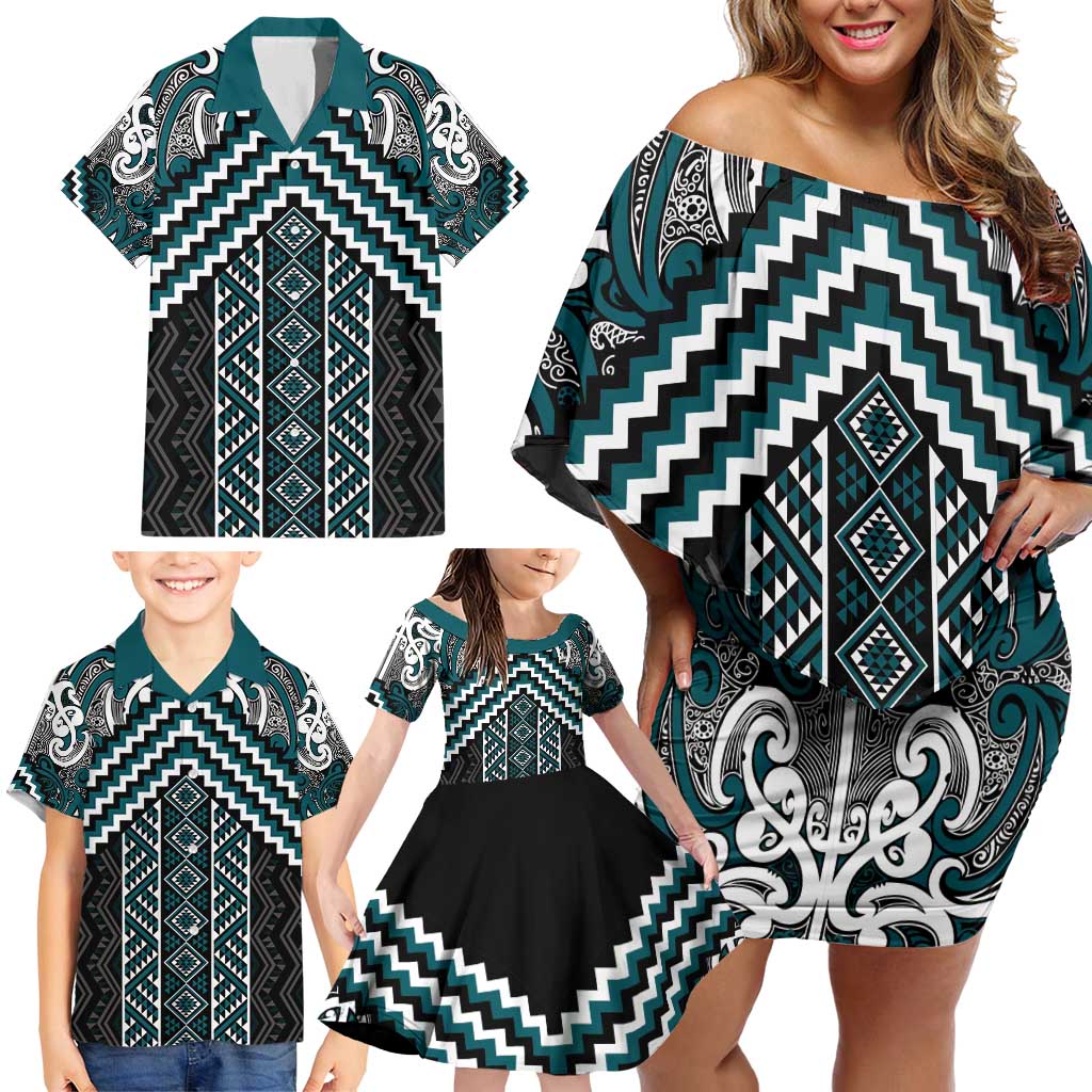 Maori Tukutuku Taniko Motifs Family Matching Off Shoulder Short Dress and Hawaiian Shirt Teal Poutama Mix Kowhaiwhai