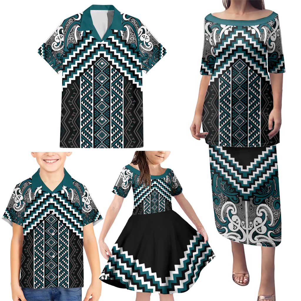 Maori Tukutuku Taniko Motifs Family Matching Puletasi and Hawaiian Shirt Teal Poutama Mix Kowhaiwhai