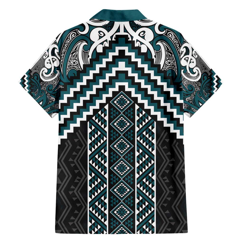 Maori Tukutuku Taniko Motifs Family Matching Puletasi and Hawaiian Shirt Teal Poutama Mix Kowhaiwhai