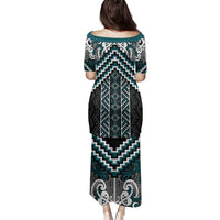 Maori Tukutuku Taniko Motifs Family Matching Puletasi and Hawaiian Shirt Teal Poutama Mix Kowhaiwhai