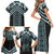 Maori Tukutuku Taniko Motifs Family Matching Short Sleeve Bodycon Dress and Hawaiian Shirt Teal Poutama Mix Kowhaiwhai