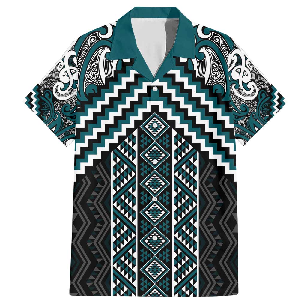 Maori Tukutuku Taniko Motifs Family Matching Short Sleeve Bodycon Dress and Hawaiian Shirt Teal Poutama Mix Kowhaiwhai
