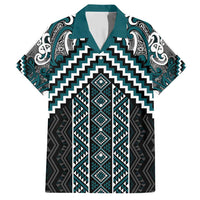 Maori Tukutuku Taniko Motifs Family Matching Short Sleeve Bodycon Dress and Hawaiian Shirt Teal Poutama Mix Kowhaiwhai