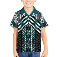 Maori Tukutuku Taniko Motifs Family Matching Short Sleeve Bodycon Dress and Hawaiian Shirt Teal Poutama Mix Kowhaiwhai