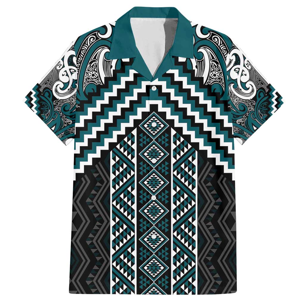 Maori Tukutuku Taniko Motifs Family Matching Summer Maxi Dress and Hawaiian Shirt Teal Poutama Mix Kowhaiwhai