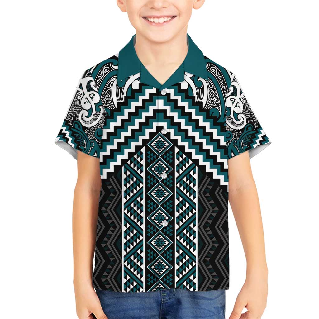 Maori Tukutuku Taniko Motifs Family Matching Summer Maxi Dress and Hawaiian Shirt Teal Poutama Mix Kowhaiwhai