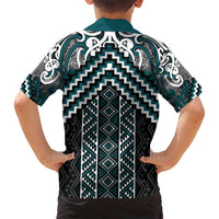 Maori Tukutuku Taniko Motifs Family Matching Tank Maxi Dress and Hawaiian Shirt Teal Poutama Mix Kowhaiwhai